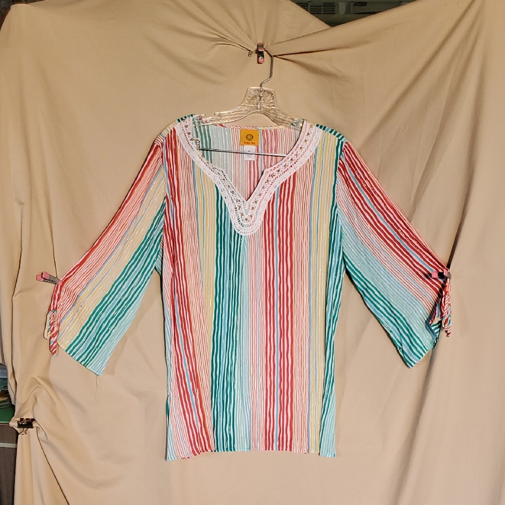 Ruby Rd. Multicolor Striped Blouse with Lace V-Neck